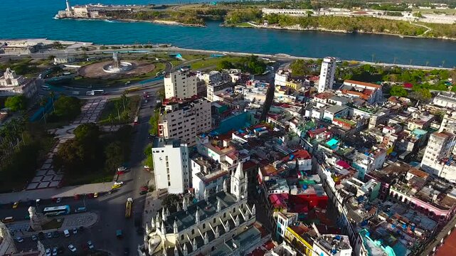 Aerial View Flying over Havana Cuba Cityscape