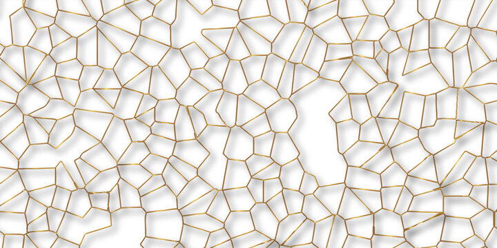 Golden gradient lines stroke abstract white crystalized broken glass background with shadows. Voronoi diagram background. abstract desktop texture design digital art wallpaper, vector illustration.	