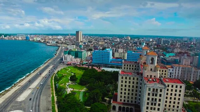 Aerial View of Havana Cuba Flying over the Malecon Seawall and Cityscape
