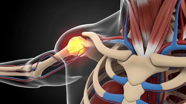 Highly detailed 3 D medical animation of human shoulder joint anatomy with glowing rotator cuff