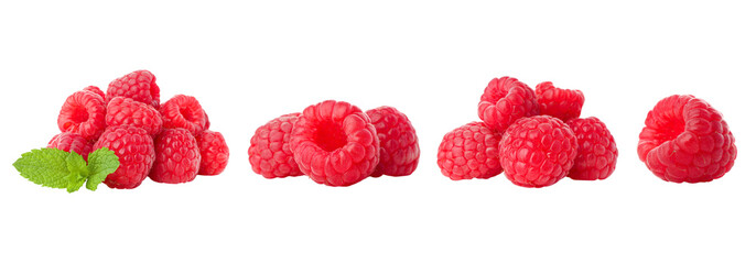 Raspberries with a mint leaf in various forms, PNG © Atlas