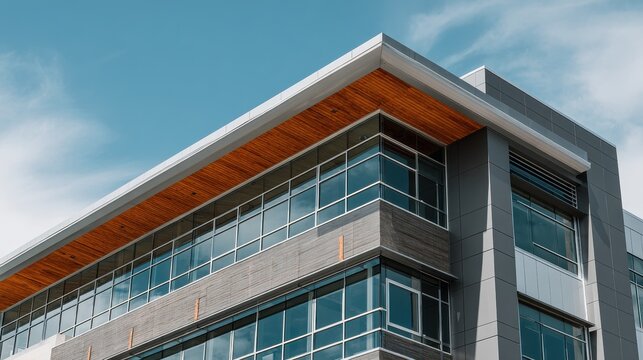 Modern office building exterior with glass facade and wood soffit