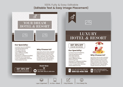 Premium luxury resort hotel online reservations and bookings A4 flyer poster template hospitality brochure leaflet cover design, summer vacation tourism travel hospitality promotion flyer and poster