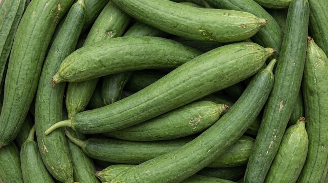 A close-up overhead view of a pile of fresh green luffa gourds showcasing their ribbed texture and unique elongated shape cooking