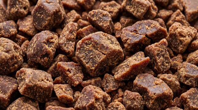 Close up macro of rough brown sugar chunks or jaggery pieces with irregular shapes and a moist, dense texture sweetening and culinary applications