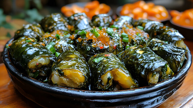 Traditional middle eastern dolma dish with stuffed grape leaves served in a ceramic bowl for culinary food concepts