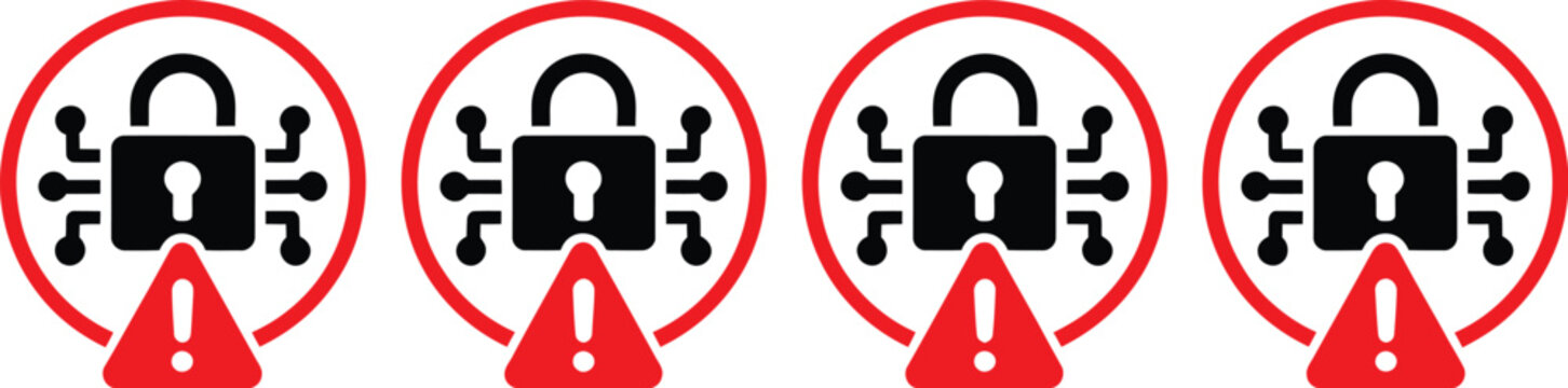 Encrypted data lock warning icon vector symbol representing secure encryption, protected information and cybersecurity alert systems for digital safety and data protection design.
