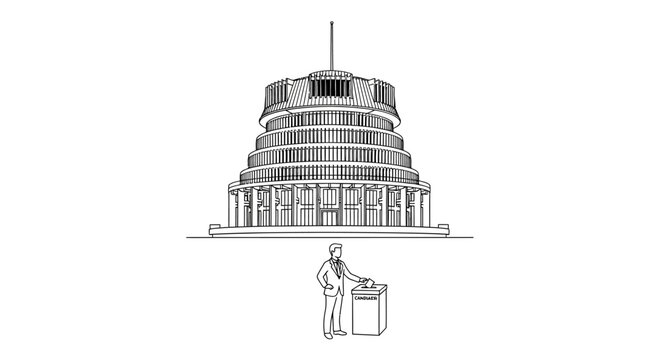 Citizen casting vote at ballot box near government building