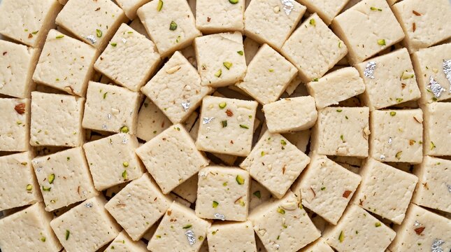 Top-down view of a circular arrangement of square Indian barfi sweets, adorned with chopped almonds and pistachios, some pieces highlighted with edible silver leaf