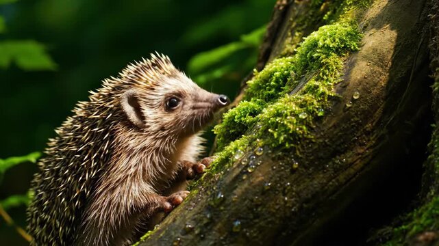 Small hedgehog climbing a mossy tree trunk in a forest while exploring nature with a curious mood