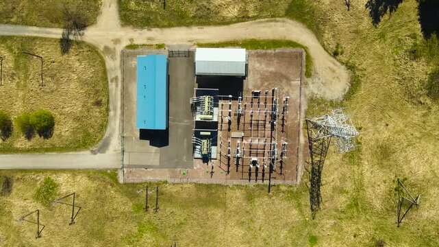 Aerial Top Down View of an Electrical Substation in a Rural Area