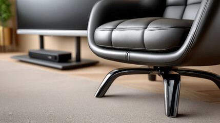 Fototapeta premium Modern living room furniture closeup showing black leather chair leg and tv stand for product mockup background and banner design