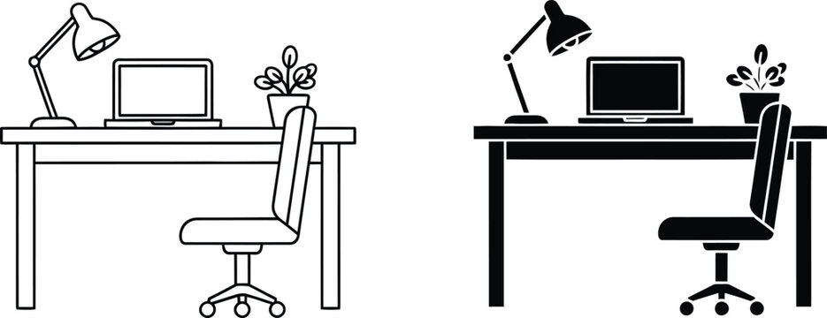 Workstation setup icons black and white line art office desk with computer