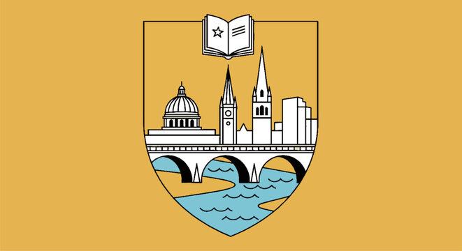 City skyline architecture with floating books and domes