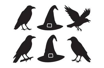 Fototapeta premium Raven silhouettes and witch hats black vector illustration on white background