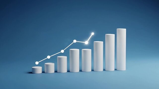 Ascending white 3 D bar graph growth with glowing light effect illustrating business success and
