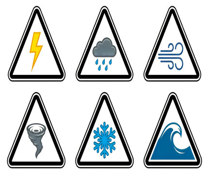 Weather warning signs danger symbols with warning sign, weather phenom