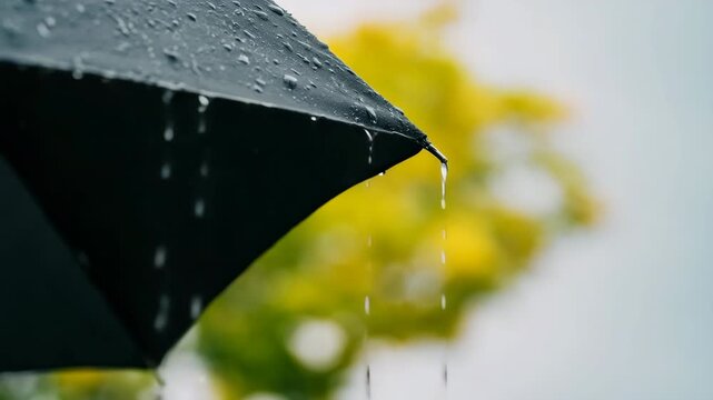 Black umbrella tip dripping water against blurred yellow foliage