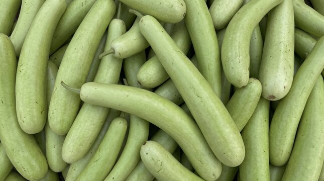 A bright and fresh arrangement of pale green bottle gourds with their smooth, elongated, and slightly curved shapes creating a gentle organic pattern