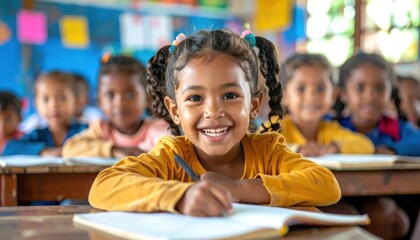 Smiling Young Schoolgirl Sitting at Desk in Colorful Classroom