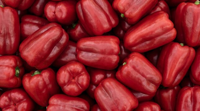 A rich collection of deep red bell peppers, their smooth, lustrous skins and characteristic shapes creating a visually striking and fresh display of healthy, vibrant produce