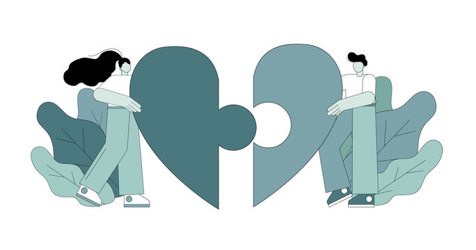 Man and woman collect a puzzle heart. Concept love. For a postcard or website