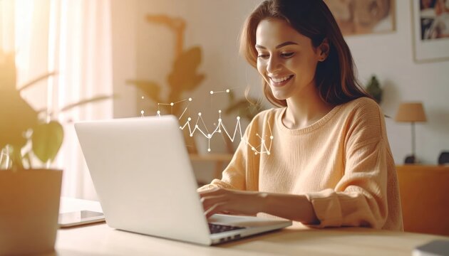 Smiling Young Woman Working on Laptop with Digital Graph in Warm Home Office