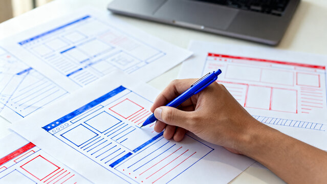 Hand sketching website wireframes on paper, a visual representation of user interface design and web development planning