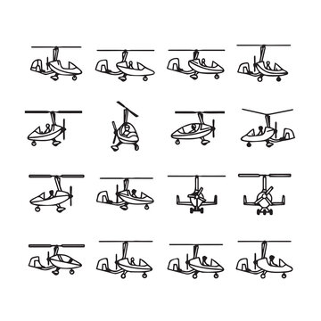 Autogyro aircraft collection with various flight angles and perspectives on white background