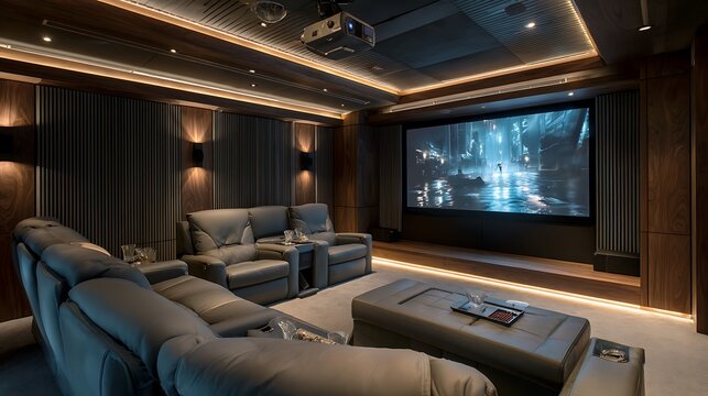A home cinema room with recliner chairs and projector screen