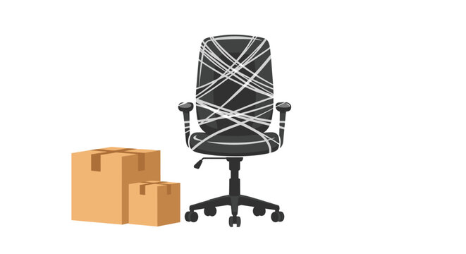 An ergonomic black office swivel chair is tightly wound with multiple strips of clear packing tape next to two cardboard shipping boxes on a white background.