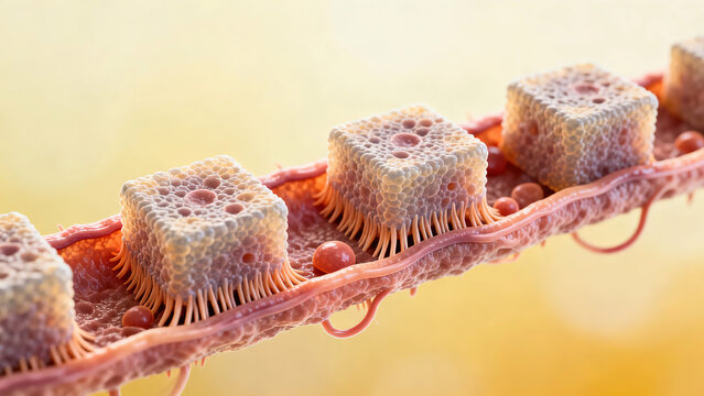 The reabsorption process of human renal tubular epithelial cells. These cells are cuboidal in shape and have a brush border, demonstrating the reabsorption function of the kidneys.