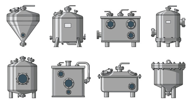 A collection of eight distinct industrial stainless steel tanks with varying lid configurations, sight glasses, and outlet valves is arranged neatly on a white floor.