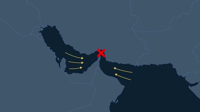 Map Animation Showing Strait Of Hormuz Blockade With Cross And Arrow Lines Representing Maritime Conflict And Shipping Disruption 4K