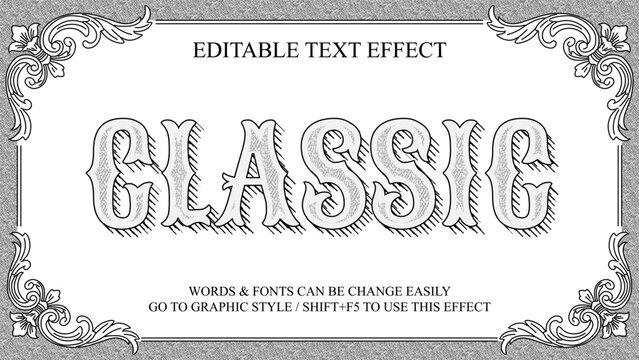 Vintage editable text effect with Victorian baroque style, classic font with hatching and lines, lettering with antique ornaments and decorations