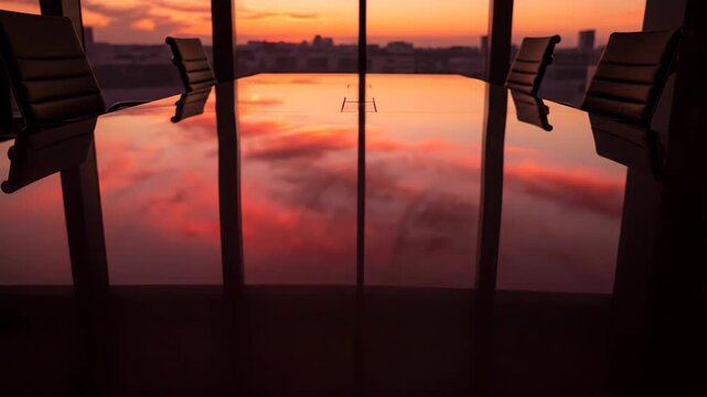 Empty conference room with sunset reflecting on table while city skyline fades at dusk