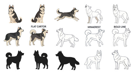 Husky Dog Breeds: Illustrations and Silhouettes in Various Poses © Aziz
