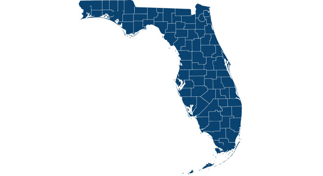 Florida Map Outline with County Divisions, Blue on White Background