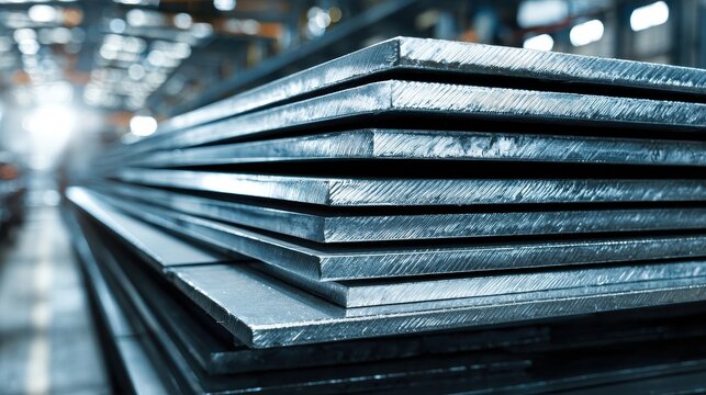 Stack of industrial steel metal plates in a factory setting