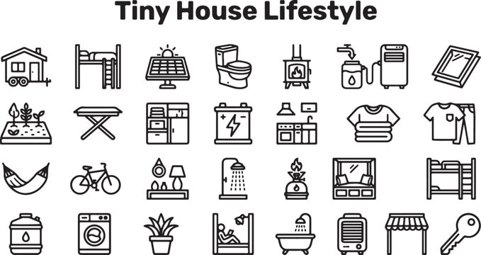 Tiny House Lifestyle Outline Icon Set With Sustainable Living Minimal Home And Compact Interior Elements