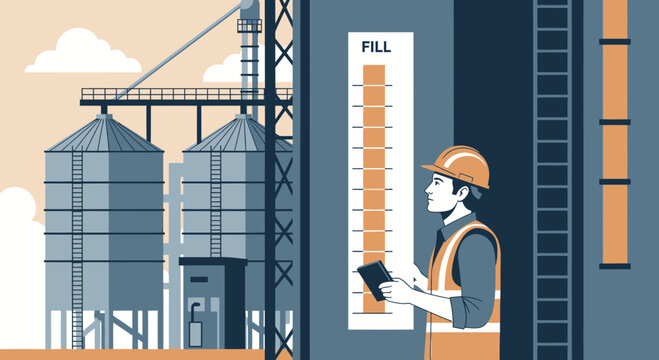 Industrial worker monitoring grain silo operations