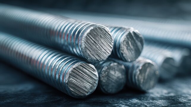 Industrial steel threaded rods close up