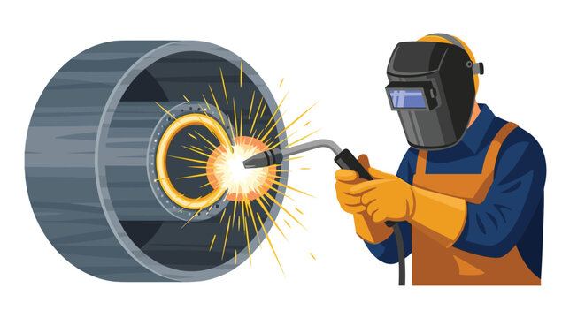 A skilled welder wearing a dark protective helmet focuses a torch on the inner circular seam of a large steel pipe generating brilliant orange welding sparks.