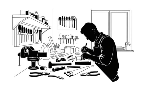 Modern craftsman silhouette collection with artisan working at desk vector illustration