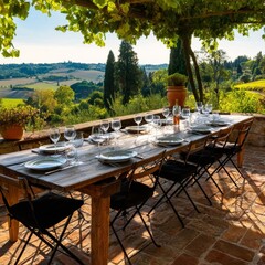 Obraz premium Dining Table Set on a Terrace Overlooking Hills at Noon