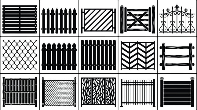 Collage of various black fence designs and patterns on a white background, showcasing different styles and textures.