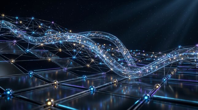Glowing fiber optic cables flowing over a digital data grid structure in this high resolution abstract science technology concept image