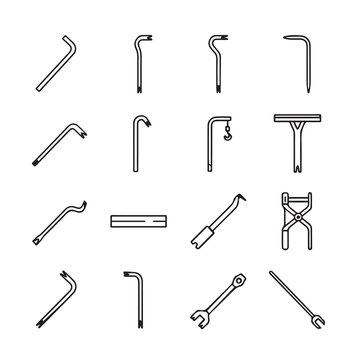 Collection of crowbars and pry tools in a clean line art style with white background