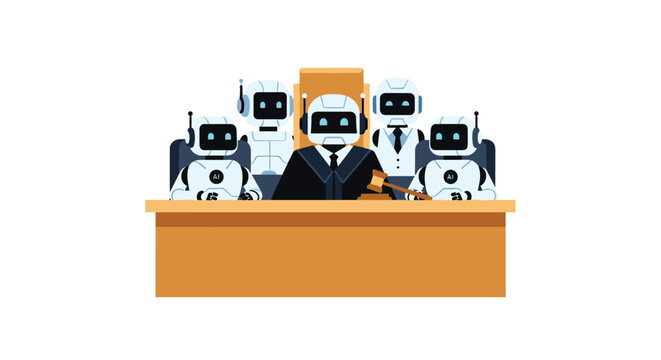 A central robotic judge dressed in formal black robes sits behind a polished wooden desk with a gavel, flanked by four assistant robots in a courtroom setting.