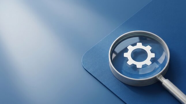 Process optimization concept with magnifying glass over gear icon, 3D render. SEO audit and technical analysis for business.